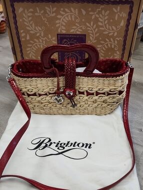 Brighton Red-Trim Woven Straw Crossbody Bag. Leather Heart Straps